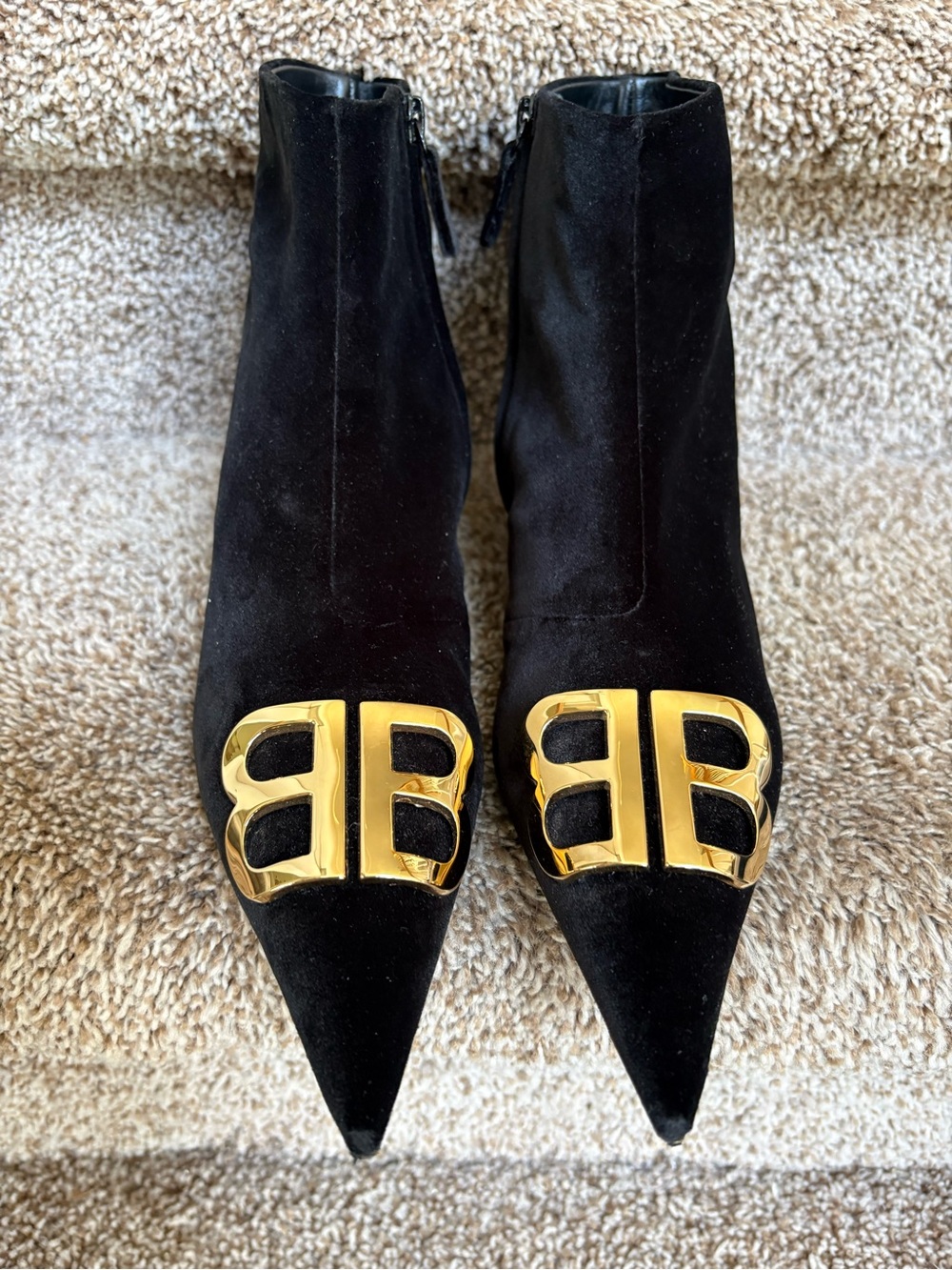 Balenciaga Women’s Black Velvet Pointed Toe Ankle Boots with Gold BB Emblem